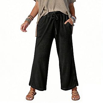 Womens Elastic Waist Drawstring Wide Leg Soft Side Pockets Casual Cropped Pants