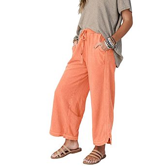 Womens Elastic Waist Drawstring Wide Leg Soft Side Pockets Casual Cropped Pants
