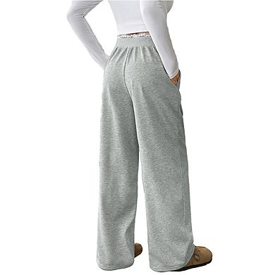 Womens Elastic Waist Lace Trim Soft Side Pockets Casual Wide Leg Pants