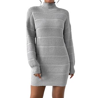 Women's Turtleneck Striped Knit Mini Dress - Oversized Sweater Dress for Casual Winter Wear