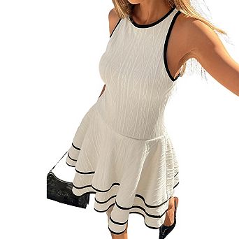 Womens Crew Neck Sleeveless Straps Textured Knit Contrast Trim Mini Dress