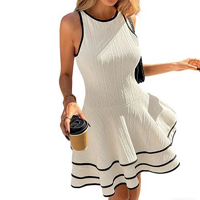 Womens Crew Neck Sleeveless Straps Textured Knit Contrast Trim Mini Dress