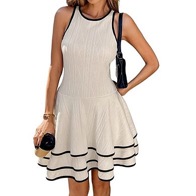 Womens Crew Neck Sleeveless Straps Textured Knit Contrast Trim Mini Dress