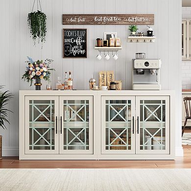 IDEALHOUSE Farmhouse Modern Sideboard Buffet Cabinet with Glass Doors, Storage Credenza