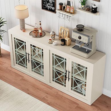 IDEALHOUSE Farmhouse Modern Sideboard Buffet Cabinet with Glass Doors, Storage Credenza