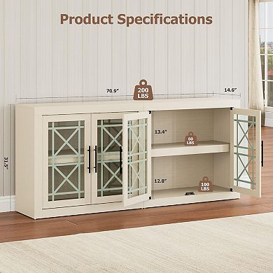 IDEALHOUSE Farmhouse Modern Sideboard Buffet Cabinet with Glass Doors, Storage Credenza