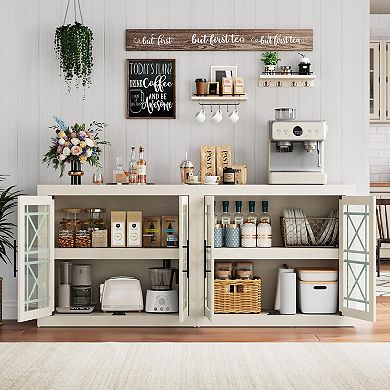IDEALHOUSE Farmhouse Modern Sideboard Buffet Cabinet with Glass Doors, Storage Credenza