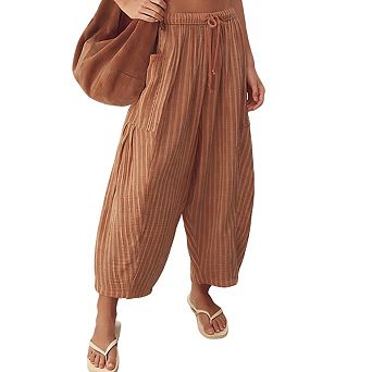 Womens Elastic Waist Drawstring Cropped Striped Texture Wide Leg Pants with Side Pockets