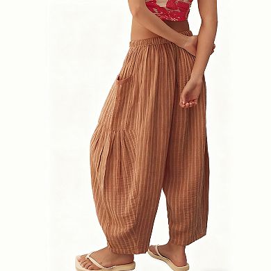 Womens Elastic Waist Drawstring Cropped Striped Texture Wide Leg Pants with Side Pockets