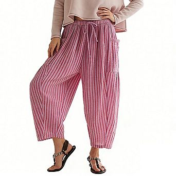 Womens Elastic Waist Drawstring Cropped Striped Texture Wide Leg Pants with Side Pockets