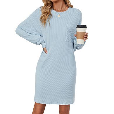 Womens Crew Neck Long Oversized Sleeves Knit Relaxed Fit Mini Sweatshirt Dress