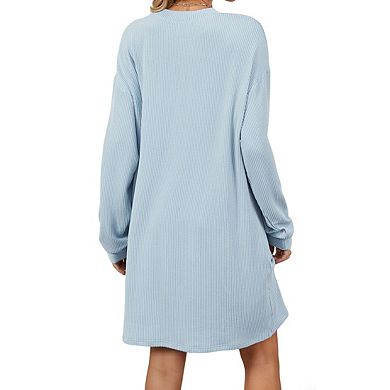 Womens Crew Neck Long Oversized Sleeves Knit Relaxed Fit Mini Sweatshirt Dress