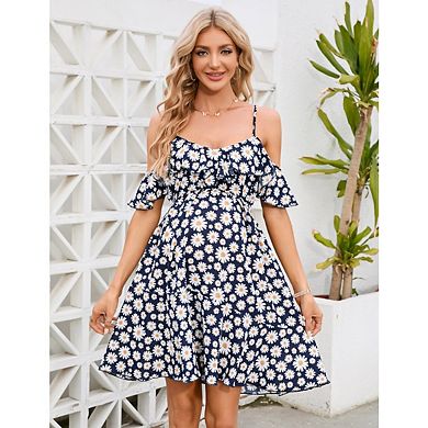 Women's Maternity Boho Floral Print Cold Shoulder Short Sleeve Ruffle Elegant Mini Dresses