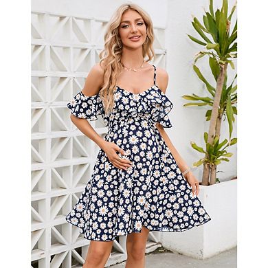 Women's Maternity Boho Floral Print Cold Shoulder Short Sleeve Ruffle Elegant Mini Dresses
