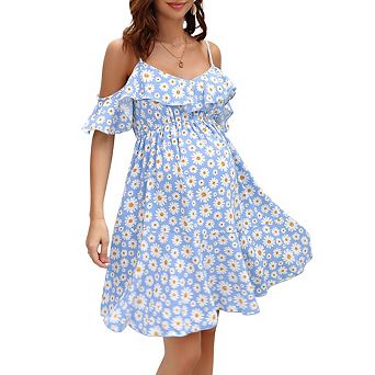 Women's Maternity Boho Floral Print Cold Shoulder Short Sleeve Ruffle Elegant Mini Dresses
