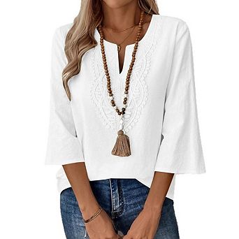 Womens 3/4 Sleeve Tops V Neck Lace Casual Loose Fit Blouses Boho Fashion