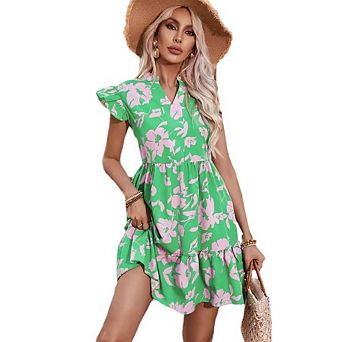 Womens Boho Floral Print Mini Dress V Neck Ruffle Sleeve Flowy Tiered Dress for Vacation Daily Party