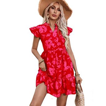 Womens Boho Floral Print Mini Dress V Neck Ruffle Sleeve Flowy Tiered Dress for Vacation Daily Party