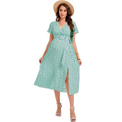 Maternity Midi Dress V Neck Short Sleeve High Low Split Ruffle Pregnancy Dress with Belt