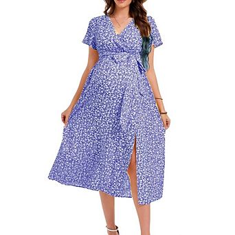 Maternity Midi Dress V Neck Short Sleeve High Low Split Ruffle Pregnancy Dress with Belt