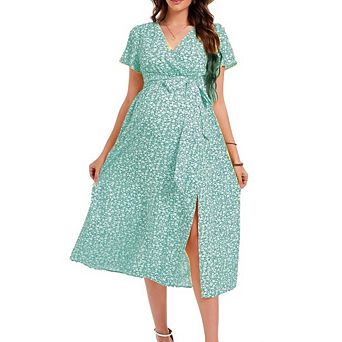 Maternity Midi Dress V Neck Short Sleeve High Low Split Ruffle Pregnancy Dress with Belt