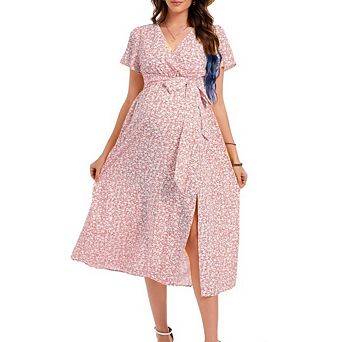 Maternity Midi Dress V Neck Short Sleeve High Low Split Ruffle Pregnancy Dress with Belt