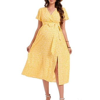 Maternity Midi Dress V Neck Short Sleeve High Low Split Ruffle Pregnancy Dress with Belt