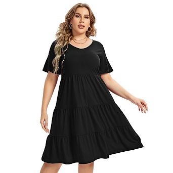 Women's Plus Size Casual Tiered Dresses Short Sleeve Scoop Neck Ruffle Hem Loose Fitting Midi Dress