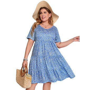 Women's Plus Size Casual Tiered Dresses Short Sleeve Scoop Neck Ruffle Hem Loose Fitting Midi Dress