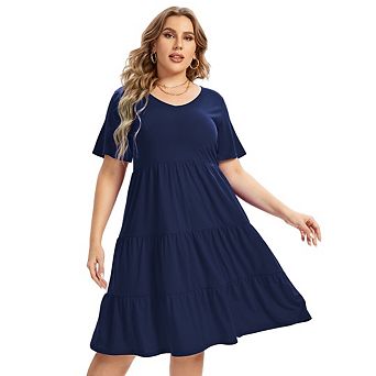 Women's Plus Size Casual Tiered Dresses Short Sleeve Scoop Neck Ruffle Hem Loose Fitting Midi Dress
