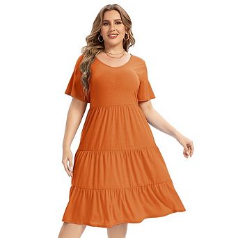 Women's Plus Size Casual Tiered Dresses Short Sleeve Scoop Neck Ruffle Hem Loose Fitting Midi Dress
