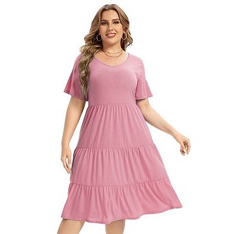 Women's Plus Size Casual Tiered Dresses Short Sleeve Scoop Neck Ruffle Hem Loose Fitting Midi Dress