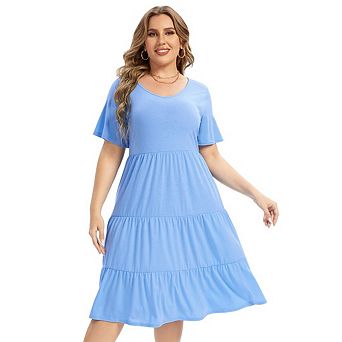 Women's Plus Size Casual Tiered Dresses Short Sleeve Scoop Neck Ruffle Hem Loose Fitting Midi Dress
