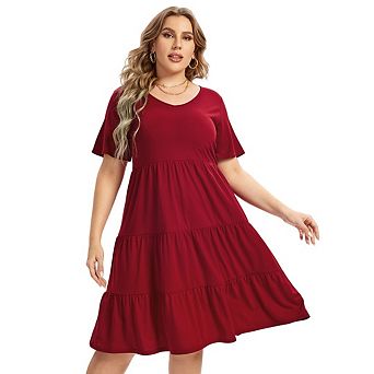 Women's Plus Size Casual Tiered Dresses Short Sleeve Scoop Neck Ruffle Hem Loose Fitting Midi Dress