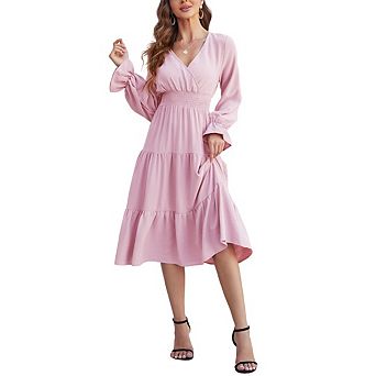 Womens Long Sleeve V Neck Swing Tiered Work Business Casual Flowy Beach Vacation Midi Dresses