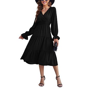 Womens Long Sleeve V Neck Swing Tiered Work Business Casual Flowy Beach Vacation Midi Dresses