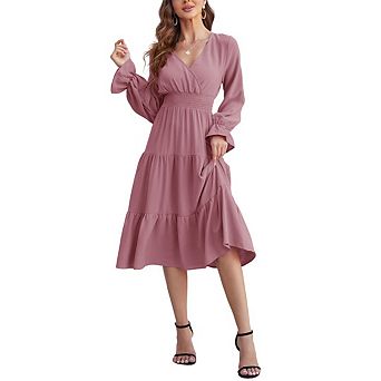 Womens Long Sleeve V Neck Swing Tiered Work Business Casual Flowy Beach Vacation Midi Dresses