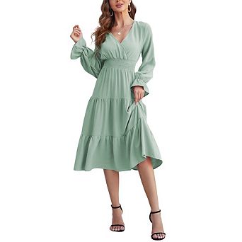 Womens Long Sleeve V Neck Swing Tiered Work Business Casual Flowy Beach Vacation Midi Dresses