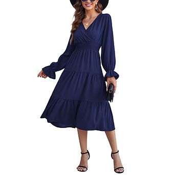 Womens Long Sleeve V Neck Swing Tiered Work Business Casual Flowy Beach Vacation Midi Dresses
