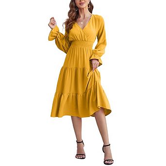 Womens Long Sleeve V Neck Swing Tiered Work Business Casual Flowy Beach Vacation Midi Dresses