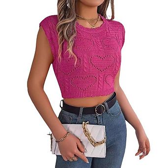 Women's Summer Knit Crop Tank Tops Cute Heart Hollow Out Sleeveless Shirts