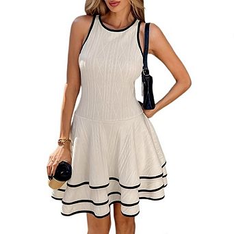 Womens Sleeveless Knit Dres Crewneck A Line Pleat Swing Casual Elegant Short Summer Date Mini Dress