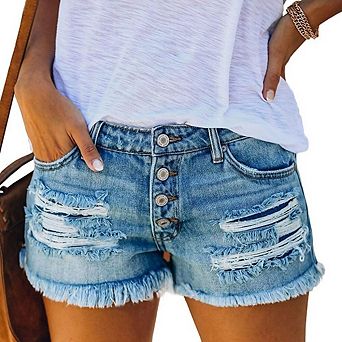 Women's Ripped Denim Jean Shorts Mid Rise Summer Hot Raw Hem Casual Shorts