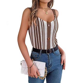 Womens Summer Tank Tops Hollow Knit Fashion Sleeveless Color Blocking Vests