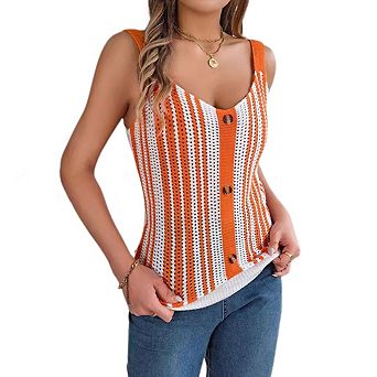 Womens Summer Tank Tops Hollow Knit Fashion Sleeveless Color Blocking Vests