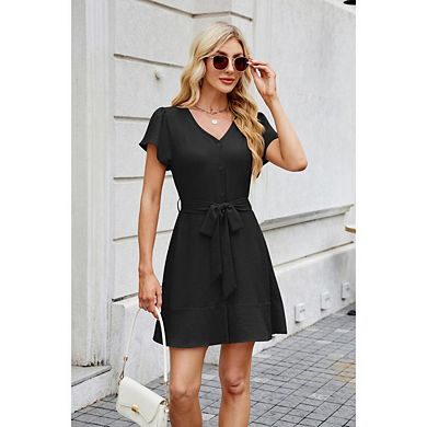 Womens Short Sleeve V-Neck Button Down Dresses Summer Elegant Bow tie Belte Mini Dress