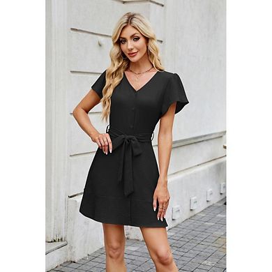 Womens Short Sleeve V-Neck Button Down Dresses Summer Elegant Bow tie Belte Mini Dress