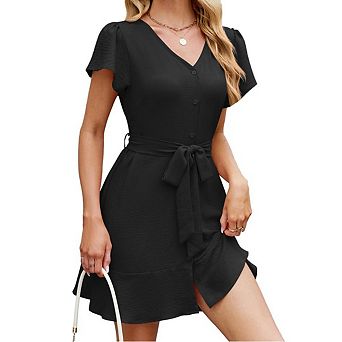 Womens Short Sleeve V-Neck Button Down Dresses Summer Elegant Bow tie Belte Mini Dress