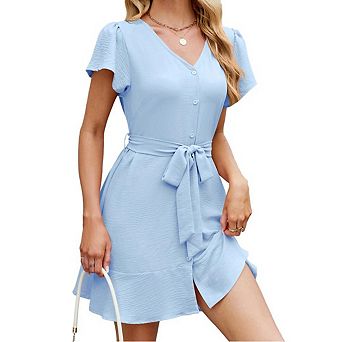 Womens Short Sleeve V-Neck Button Down Dresses Summer Elegant Bow tie Belte Mini Dress