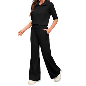Women 2 pc Set Airport Travel Vacation Sweatsuit Wide Leg Pants Short Sleeve Polo Tops Lounge Set
